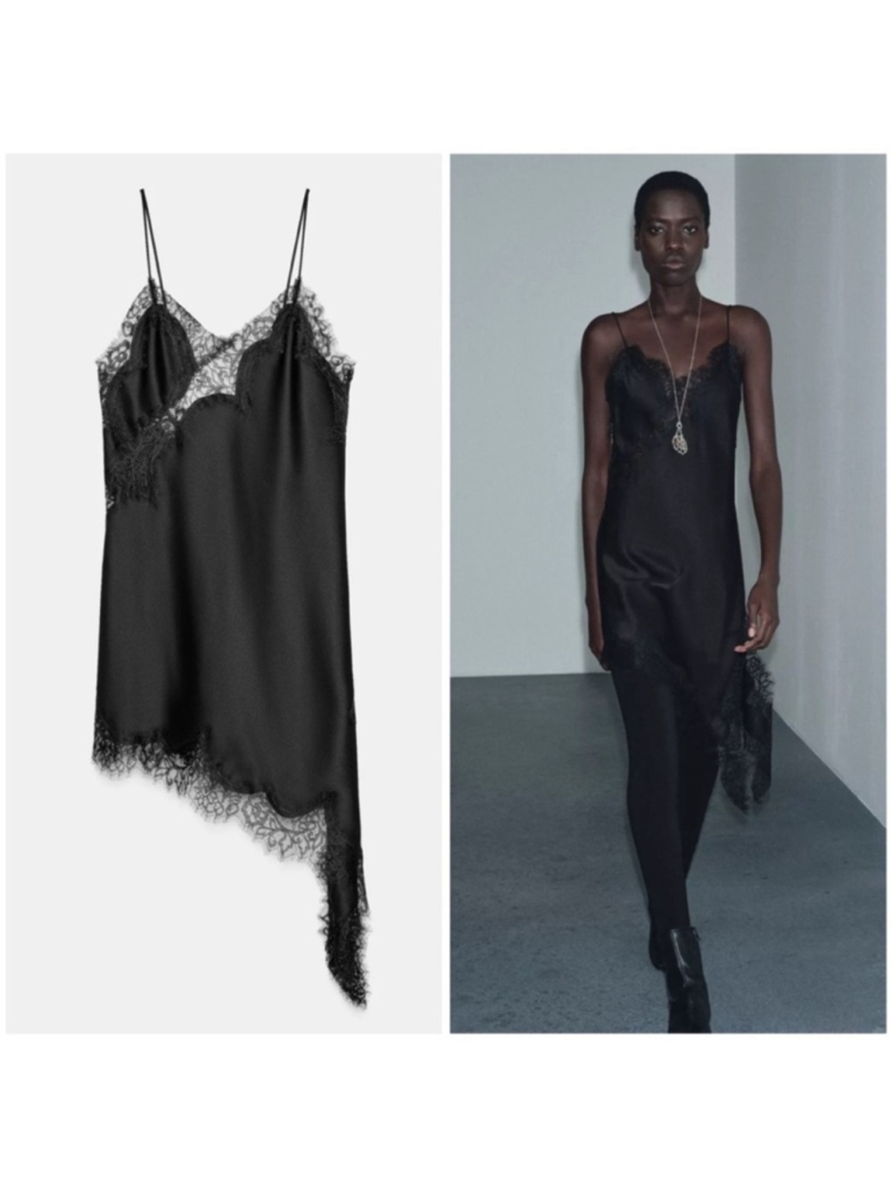 ZARA Satin Lace Dress ZW Collection Asymmetrical NWT Black